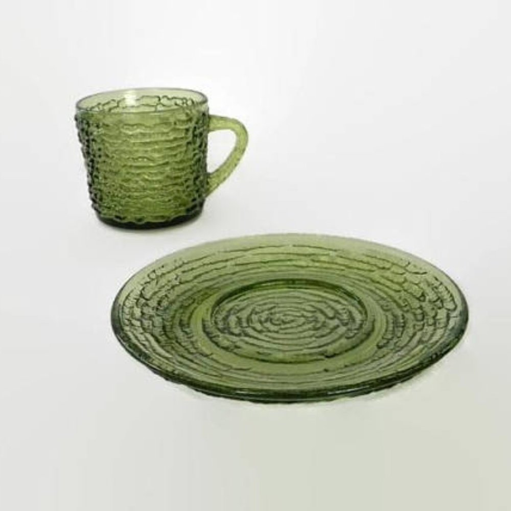Mid Century Anchor Hocking Avocado Green Glass Cup and Saucer